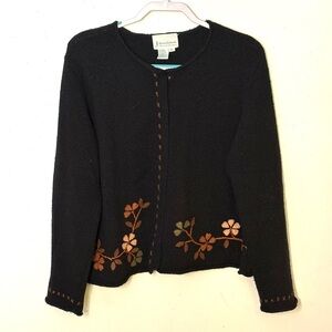 J Marco Galleries Black Cardigan with Floral Accents. Size XL. EUC.
